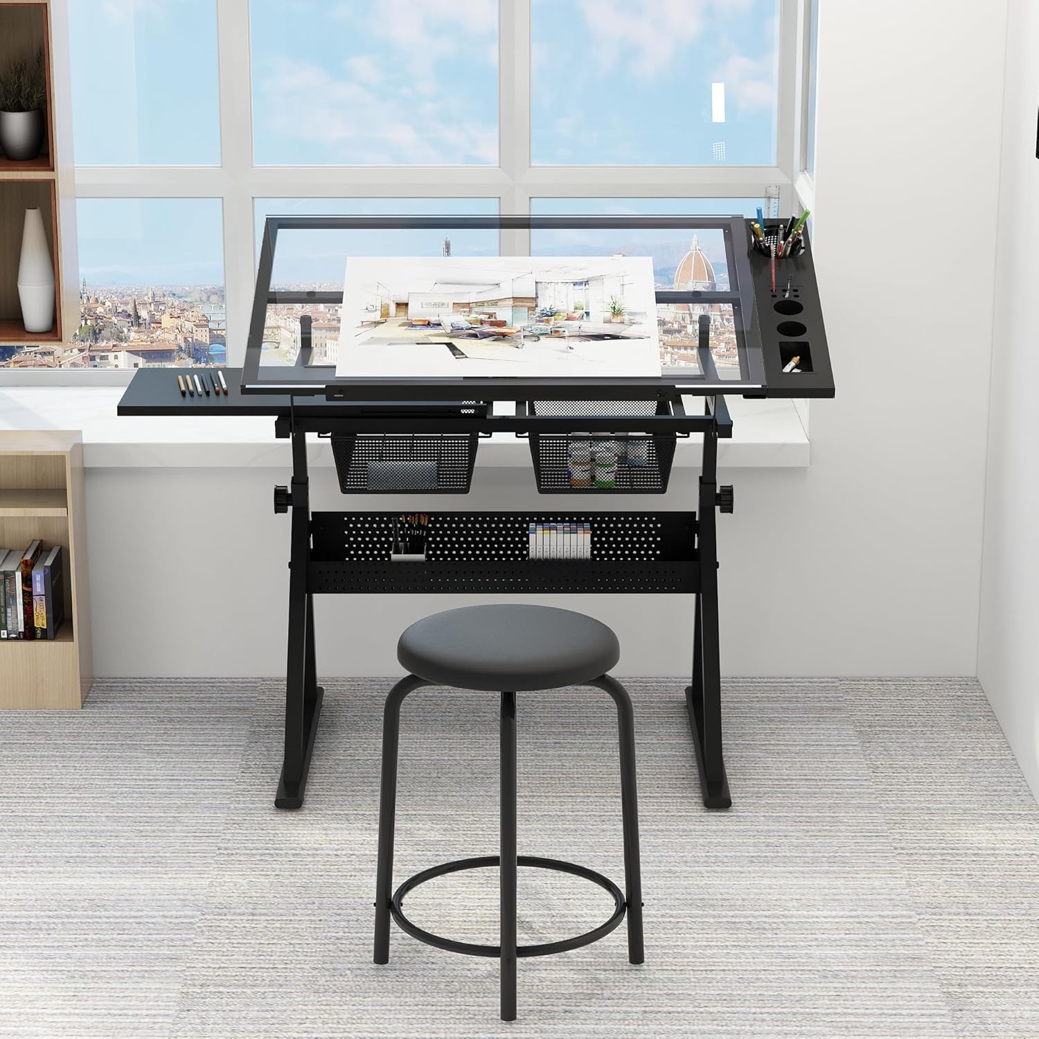 Art Craft Table - Table w/Stool, Height Adjustable Drawing Table,